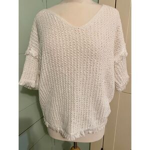 Lou & Grey White Chunky Knit Frayed Fringe Sweater V-Neck Medium